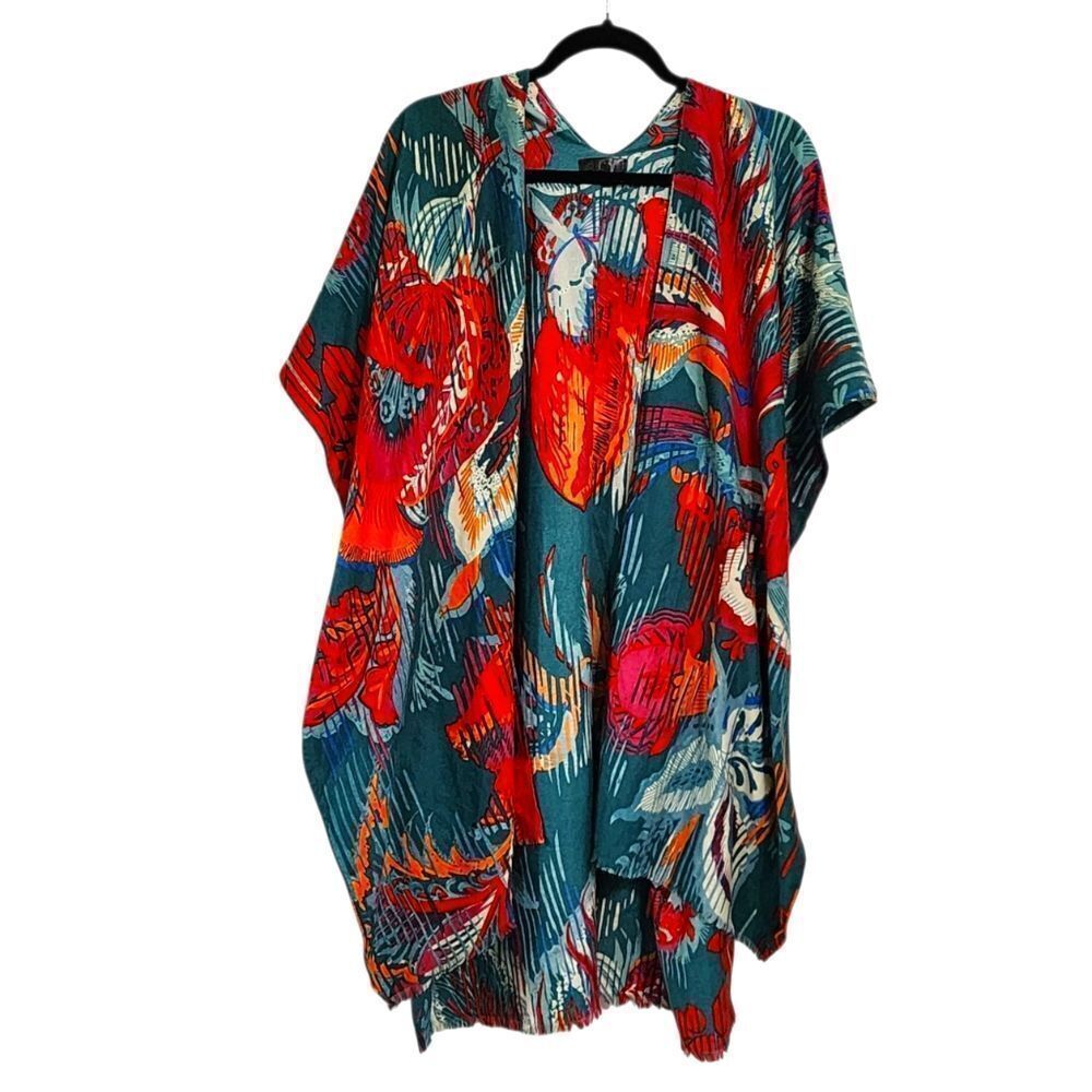 Janice Kimono S/M Green Floral Open Front Resort Beachy